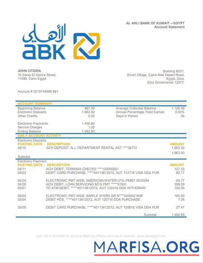 Realistic Egypt Al Ahli Bank of Kuwait bank statement word sample
